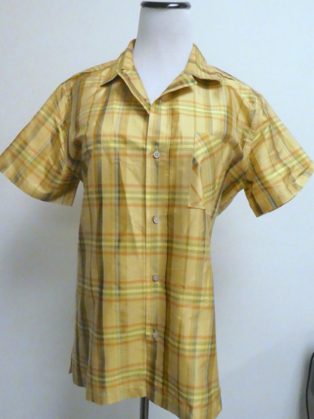 JIL SANDER PLAID SILK SHORT SLEEVE SHIRT TOP  M gold button down